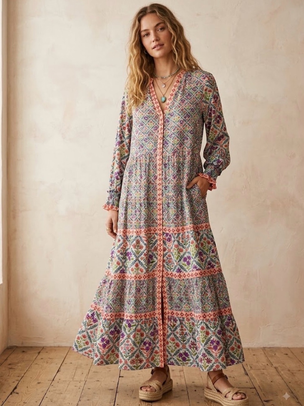 Printfresh Peach-Trim Floral Maxi Dress